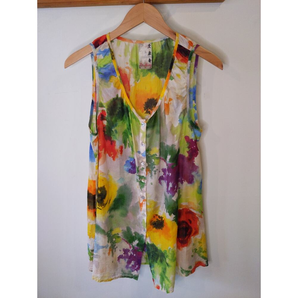 Da-Nang Watercolor Floral Silk Cotton Button Tank Top Boho Artsy Medium